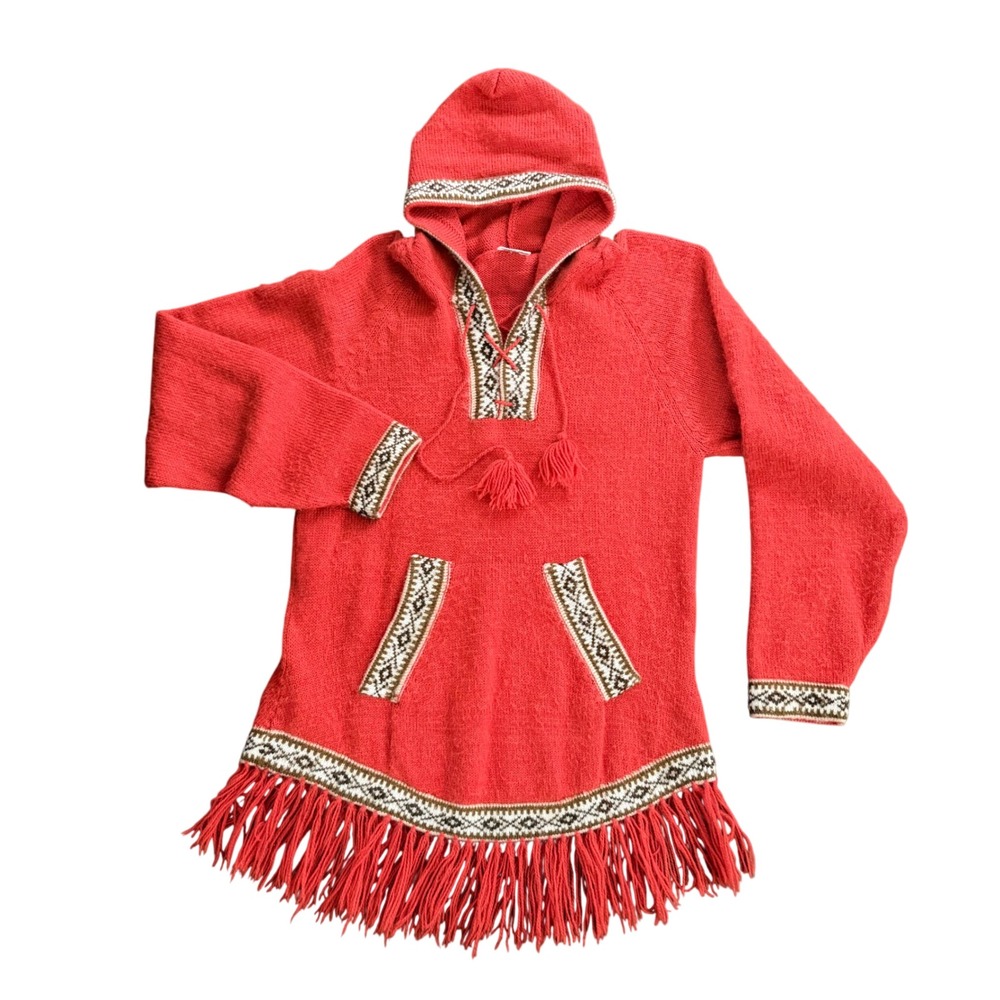 Alpaca Knit Hoodie Women XS S Peruvian Fringe Tassel Fair Isle Sweater pocket